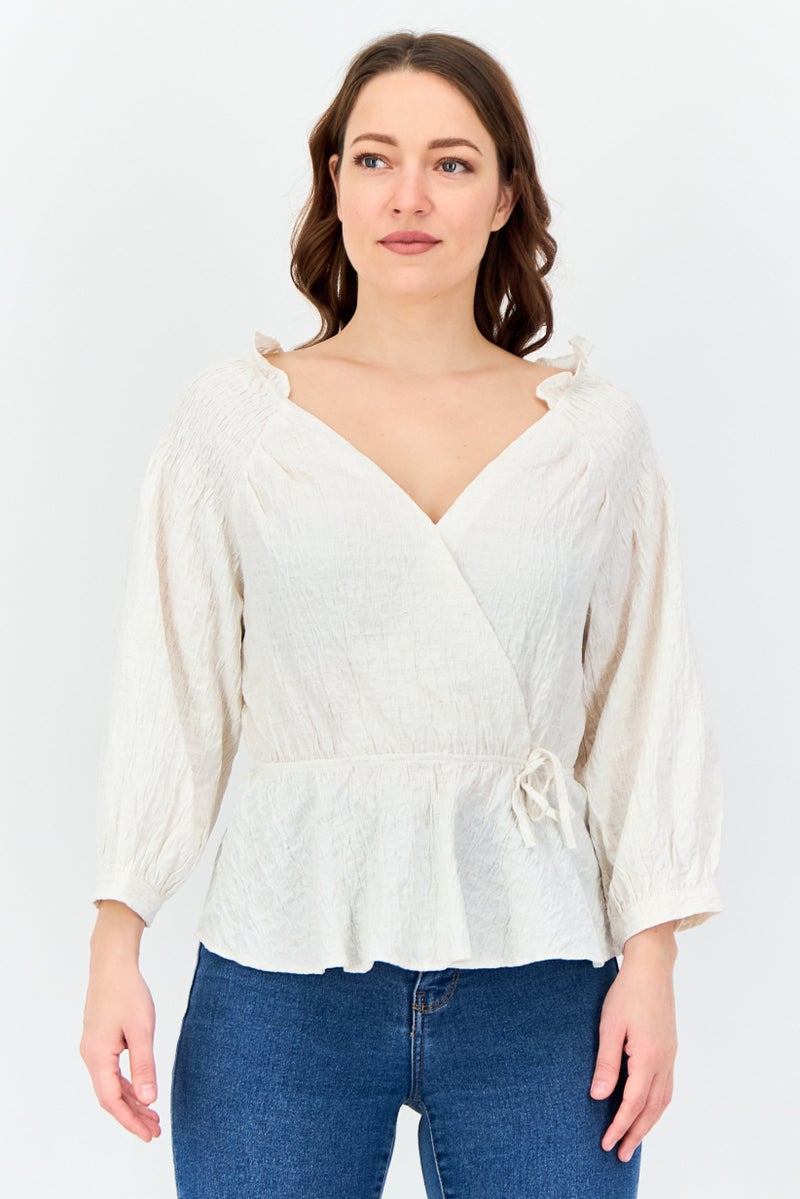 SALSA Women Surplice Neck Long Sleeve Textured Blouse, Ivory - Image 1